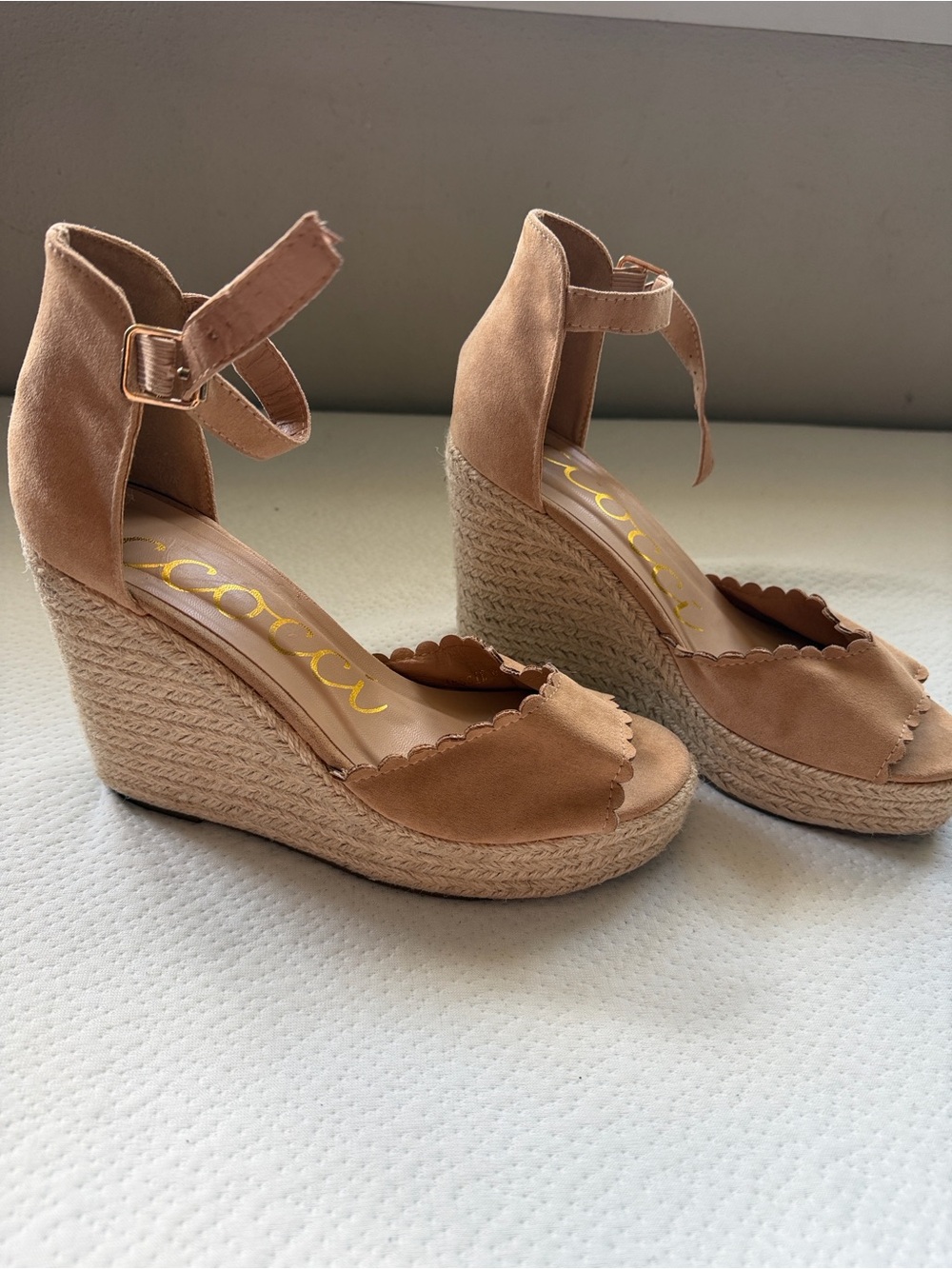 CCOCCI Tan Suede Scalloped Espadrille Wedge Sandals with Ankle Strap